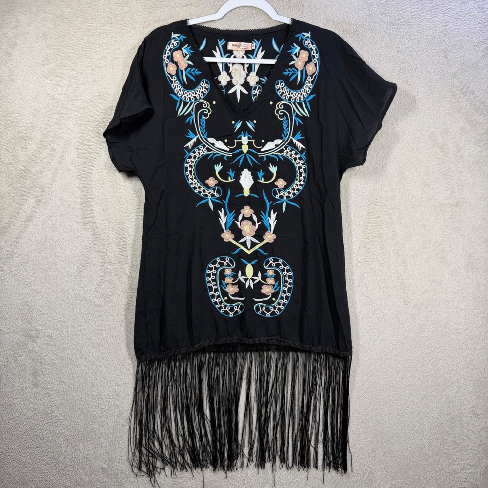 Mo Huan Yi Chu Embroidered Tunic Women M Black Fringe Boho Festival Top